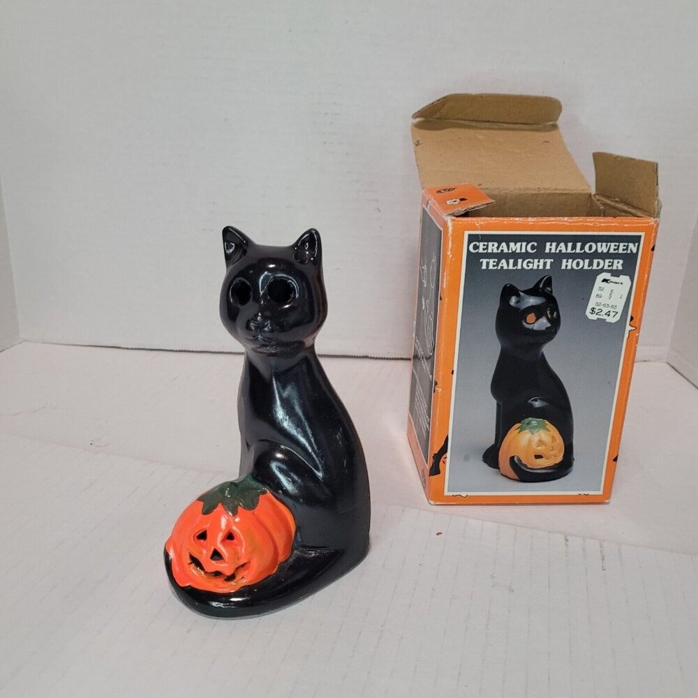 Vintage Ceramic Kmart Halloween Tea Light Candle Holder Witch Black Cat Pumpkin